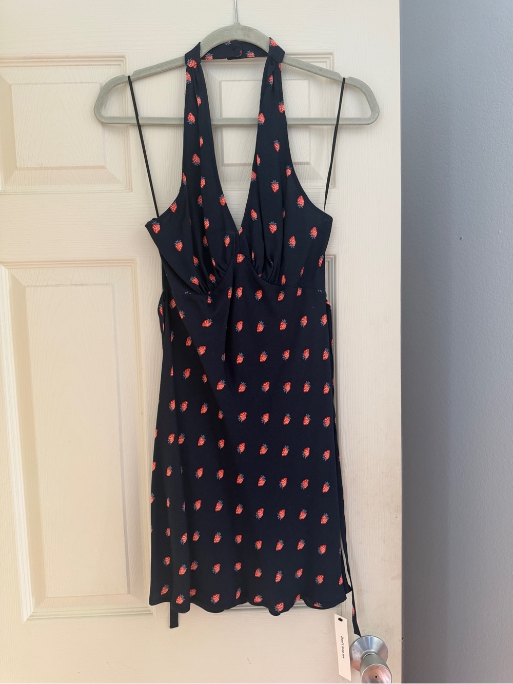 Reformation Navy Halter Mini Dress with Red Strawberry Print